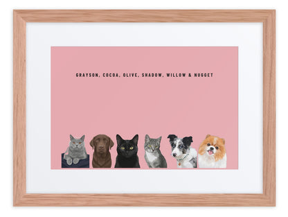 Custom Six Pet Portrait Framed Print (Oak + Mat): Grayson the British Shorthair cat & Cocoa the chocolate Labrador & Olive the black cat & Shadow the grey tabby cat & Willow the Border Collie & Nugget the Pomeranian on a Rose background. [ks Frame=Oak + Mat; Background=Rose]