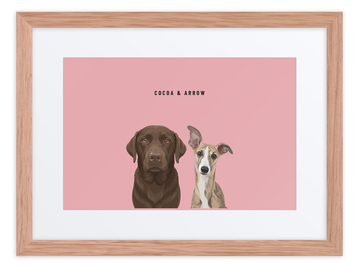Custom Two Pet Portrait Framed Print (Oak + Mat): Cocoa the chocolate Labrador & Arrow the Whippet on a Rose background. [ks Frame=Oak + Mat; Background=Rose]