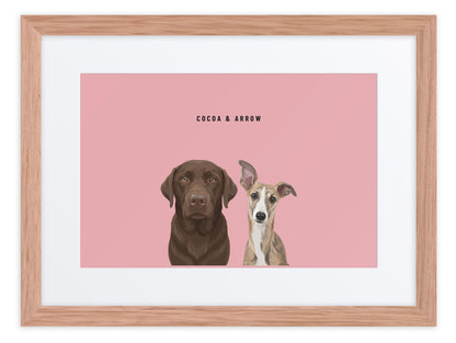 Custom Two Pet Portrait Framed Print (Oak + Mat): Cocoa the chocolate Labrador & Arrow the Whippet on a Rose background. [ks Frame=Oak + Mat; Background=Rose]