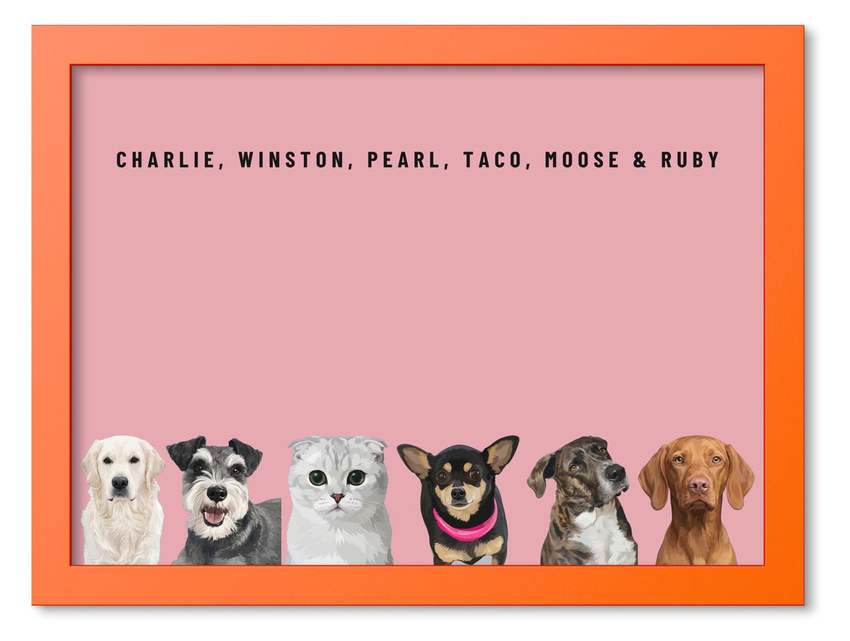 Custom Six Pet Portrait Coloured Frame Print (Orange): Charlie the Golden Retriever & Winston the Miniature Schnauzer & Pearl the Scottish Fold cat & Taco the Chihuahua & Moose the mixed-breed dog & Ruby the Vizsla on a Rose background. [ks Frame Colour=Orange; Background=Rose]
