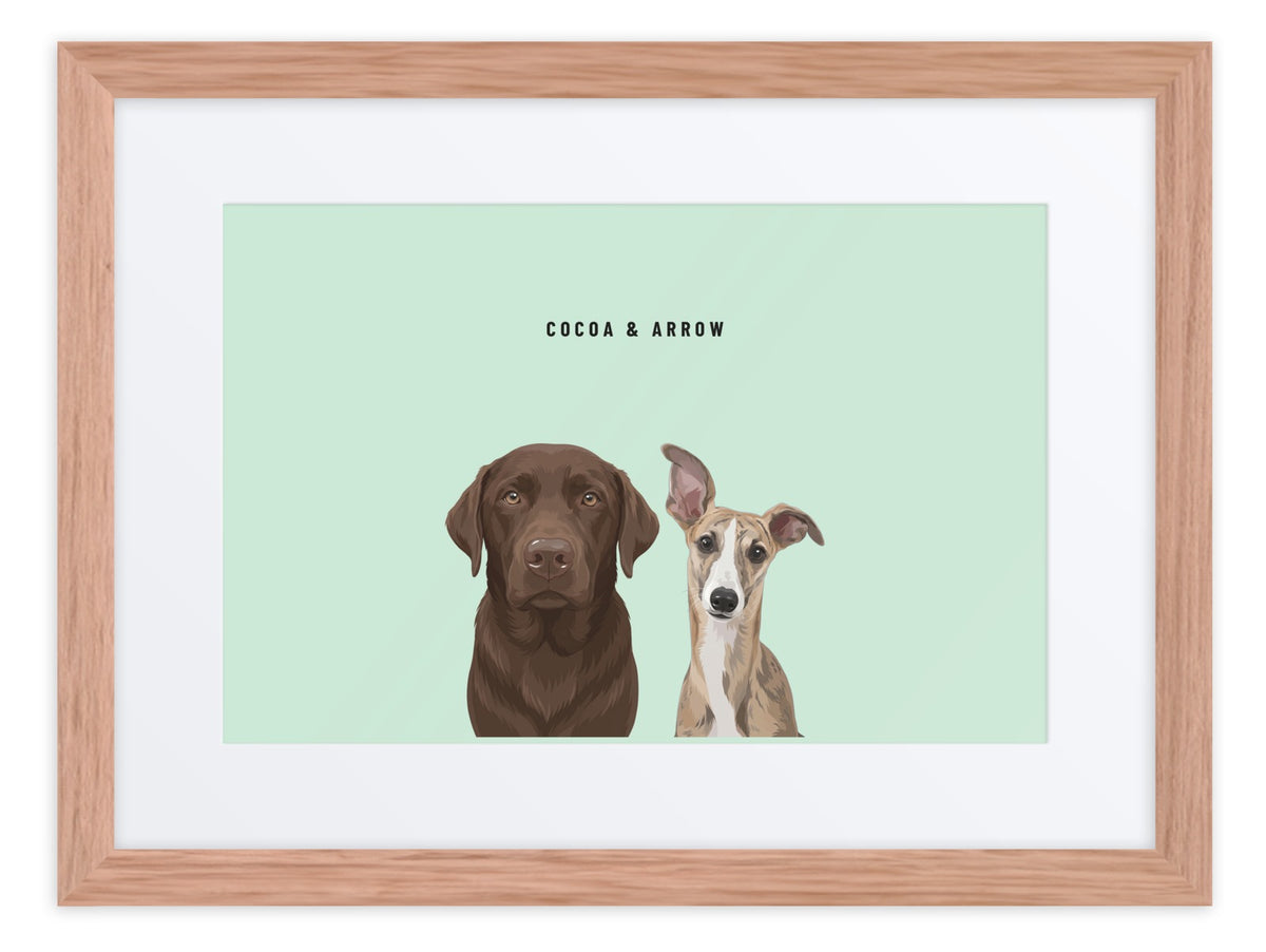 Custom Two Pet Portrait Framed Print (Oak + Mat): Cocoa the chocolate Labrador & Arrow the Whippet on a Mint background. [ks Frame=Oak + Mat; Background=Mint]