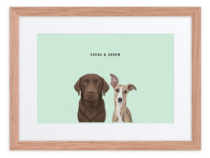 Custom Two Pet Portrait Framed Print (Oak + Mat): Cocoa the chocolate Labrador & Arrow the Whippet on a Mint background. [ks Frame=Oak + Mat; Background=Mint]