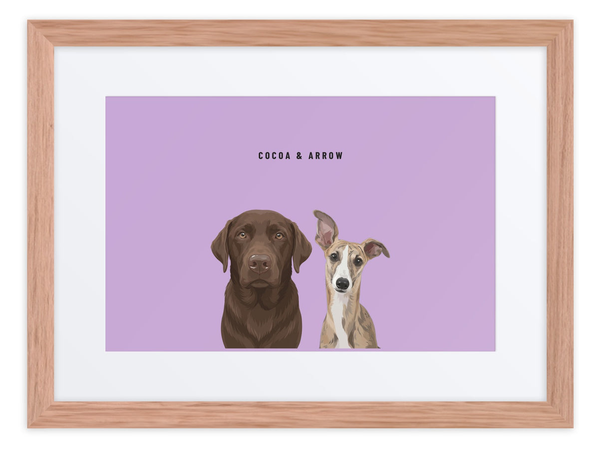 Custom Two Pet Portrait Framed Print (Oak + Mat): Cocoa the chocolate Labrador & Arrow the Whippet on a Orchid background. [ks Frame=Oak + Mat; Background=Orchid]
