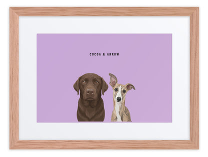 Custom Two Pet Portrait Framed Print (Oak + Mat): Cocoa the chocolate Labrador & Arrow the Whippet on a Orchid background. [ks Frame=Oak + Mat; Background=Orchid]