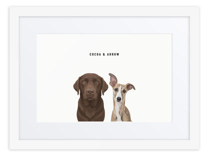 Custom Two Pet Portrait Framed Print (White + Mat): Cocoa the chocolate Labrador & Arrow the Whippet on a White background. [ks Frame=White + Mat; Background=White]