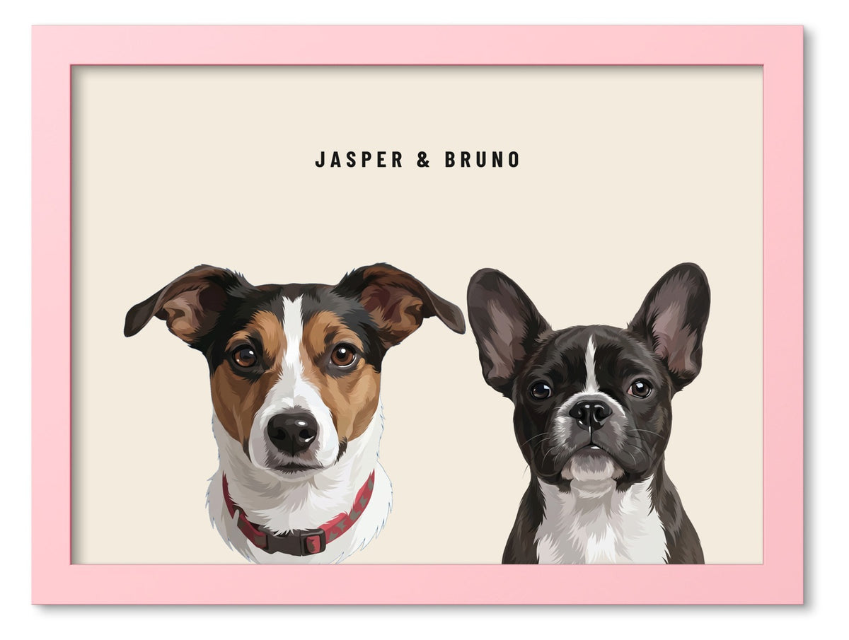 Custom Two Pet Portrait Coloured Frame Print (Pink): Jasper the Jack Russell Terrier & Bruno the French Bulldog on a Cream background. [ks Frame Colour=Pink; Background=Cream]