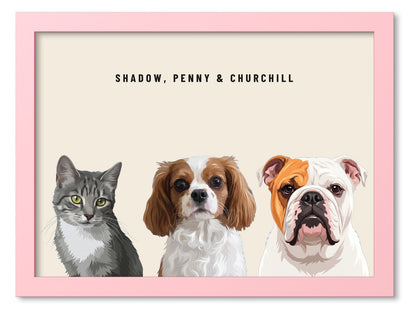 Custom Three Pet Portrait Coloured Frame Print (Pink): Shadow the grey tabby cat & Penny the Cavalier King Charles Spaniel & Churchill the English Bulldog on a Cream background. [ks Frame Colour=Pink; Background=Cream]