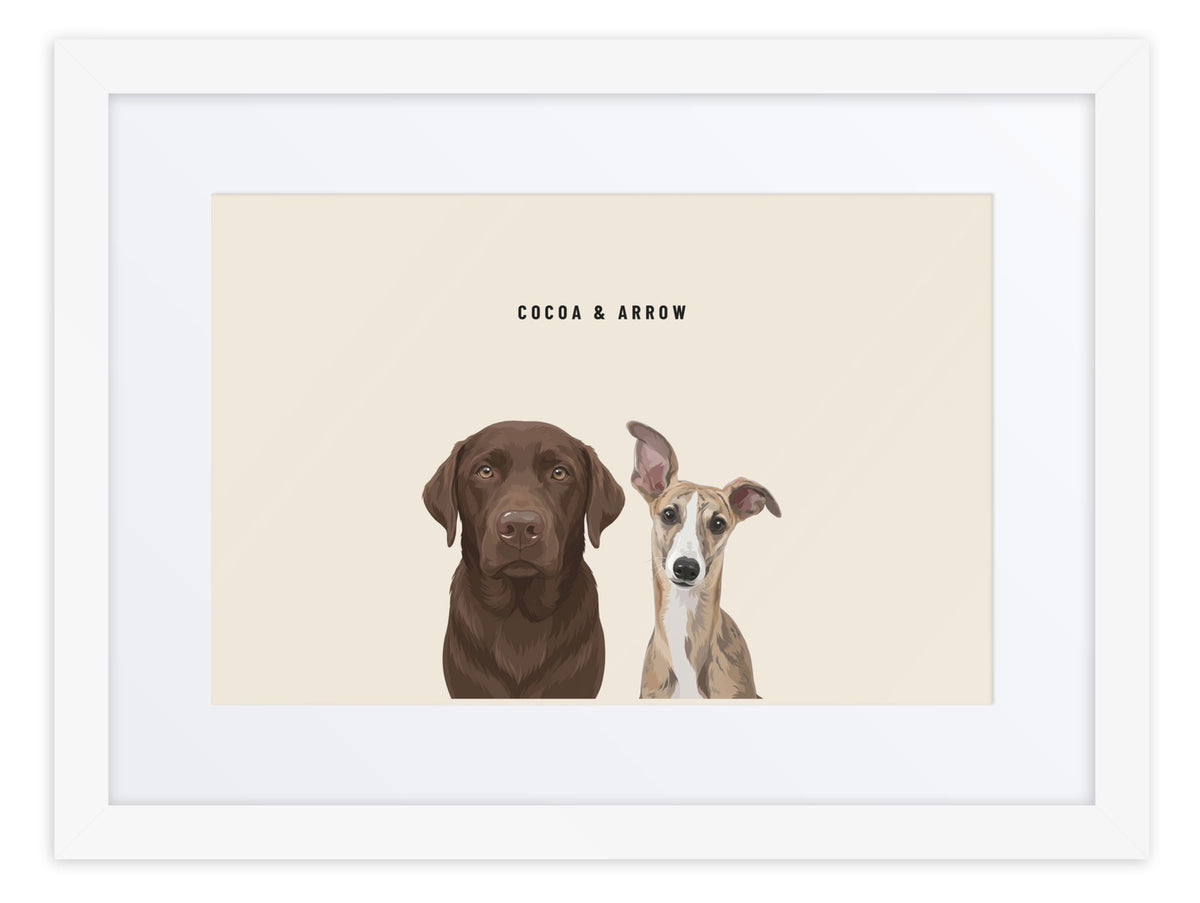 Custom Two Pet Portrait Framed Print (White + Mat): Cocoa the chocolate Labrador & Arrow the Whippet on a Cream background. [ks Frame=White + Mat; Background=Cream]
