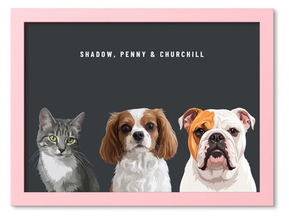 Custom Three Pet Portrait Coloured Frame Print (Pink): Shadow the grey tabby cat & Penny the Cavalier King Charles Spaniel & Churchill the English Bulldog on a Charcoal background. [ks Frame Colour=Pink; Background=Charcoal]