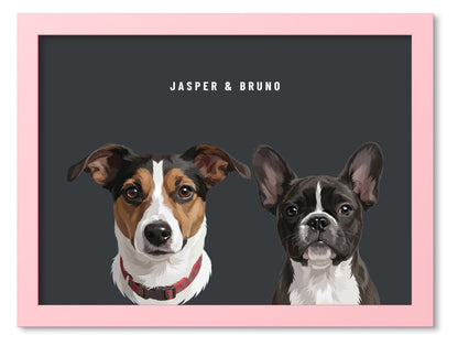 Custom Two Pet Portrait Coloured Frame Print (Pink): Jasper the Jack Russell Terrier & Bruno the French Bulldog on a Charcoal background. [ks Frame Colour=Pink; Background=Charcoal]