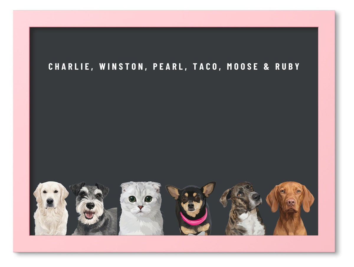 Custom Six Pet Portrait Coloured Frame Print (Pink): Charlie the Golden Retriever & Winston the Miniature Schnauzer & Pearl the Scottish Fold cat & Taco the Chihuahua & Moose the mixed-breed dog & Ruby the Vizsla on a Charcoal background. [ks Frame Colour=Pink; Background=Charcoal]