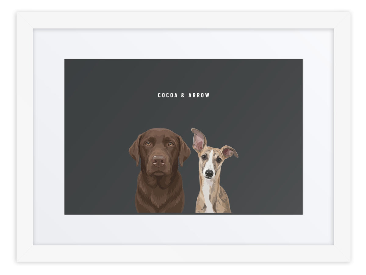 Custom Two Pet Portrait Framed Print (White + Mat): Cocoa the chocolate Labrador & Arrow the Whippet on a Charcoal background. [ks Frame=White + Mat; Background=Charcoal]
