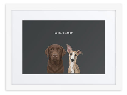Custom Two Pet Portrait Framed Print (White + Mat): Cocoa the chocolate Labrador & Arrow the Whippet on a Charcoal background. [ks Frame=White + Mat; Background=Charcoal]