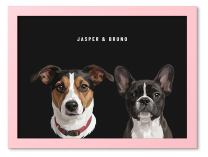 Custom Two Pet Portrait Coloured Frame Print (Pink): Jasper the Jack Russell Terrier & Bruno the French Bulldog on a Obsidian background. [ks Frame Colour=Pink; Background=Obsidian]