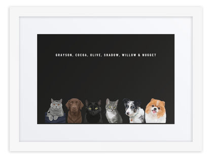 Custom Six Pet Portrait Framed Print (White + Mat): Grayson the British Shorthair cat & Cocoa the chocolate Labrador & Olive the black cat & Shadow the grey tabby cat & Willow the Border Collie & Nugget the Pomeranian on a Obsidian background. [ks Frame=White + Mat; Background=Obsidian]
