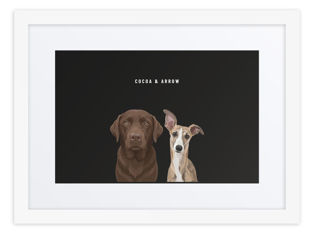 Custom Two Pet Portrait Framed Print (White + Mat): Cocoa the chocolate Labrador & Arrow the Whippet on a Obsidian background. [ks Frame=White + Mat; Background=Obsidian]