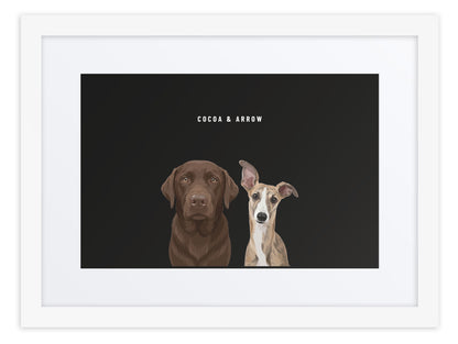 Custom Two Pet Portrait Framed Print (White + Mat): Cocoa the chocolate Labrador & Arrow the Whippet on a Obsidian background. [ks Frame=White + Mat; Background=Obsidian]