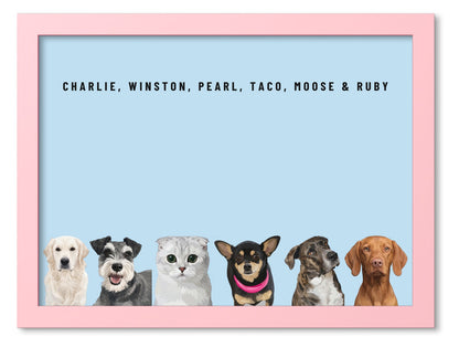 Custom Six Pet Portrait Coloured Frame Print (Pink): Charlie the Golden Retriever & Winston the Miniature Schnauzer & Pearl the Scottish Fold cat & Taco the Chihuahua & Moose the mixed-breed dog & Ruby the Vizsla on a Sky background. [ks Frame Colour=Pink; Background=Sky]