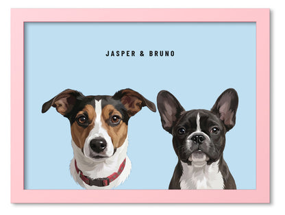 Custom Two Pet Portrait Coloured Frame Print (Pink): Jasper the Jack Russell Terrier & Bruno the French Bulldog on a Sky background. [ks Frame Colour=Pink; Background=Sky]