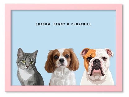 Custom Three Pet Portrait Coloured Frame Print (Pink): Shadow the grey tabby cat & Penny the Cavalier King Charles Spaniel & Churchill the English Bulldog on a Sky background. [ks Frame Colour=Pink; Background=Sky]