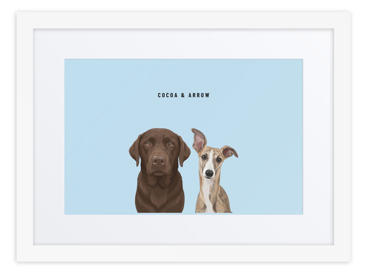 Custom Two Pet Portrait Framed Print (White + Mat): Cocoa the chocolate Labrador & Arrow the Whippet on a Sky background. [ks Frame=White + Mat; Background=Sky]