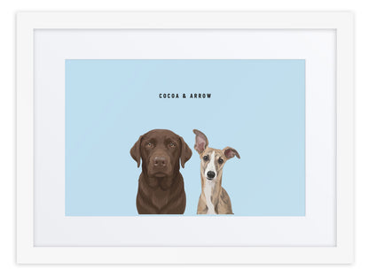 Custom Two Pet Portrait Framed Print (White + Mat): Cocoa the chocolate Labrador & Arrow the Whippet on a Sky background. [ks Frame=White + Mat; Background=Sky]