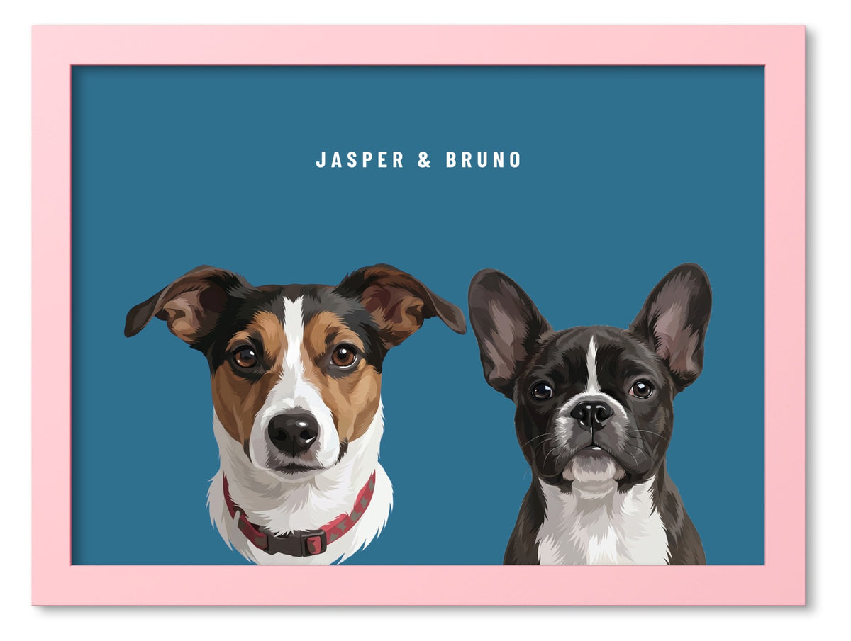 Custom Two Pet Portrait Coloured Frame Print (Pink): Jasper the Jack Russell Terrier & Bruno the French Bulldog on a Ocean background. [ks Frame Colour=Pink; Background=Ocean]