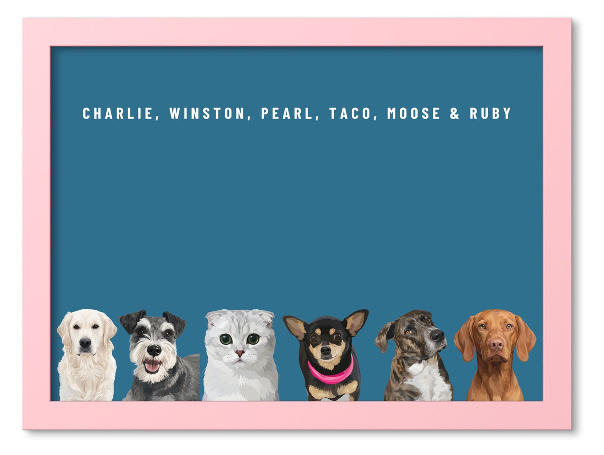 Custom Six Pet Portrait Coloured Frame Print (Pink): Charlie the Golden Retriever & Winston the Miniature Schnauzer & Pearl the Scottish Fold cat & Taco the Chihuahua & Moose the mixed-breed dog & Ruby the Vizsla on a Ocean background. [ks Frame Colour=Pink; Background=Ocean]