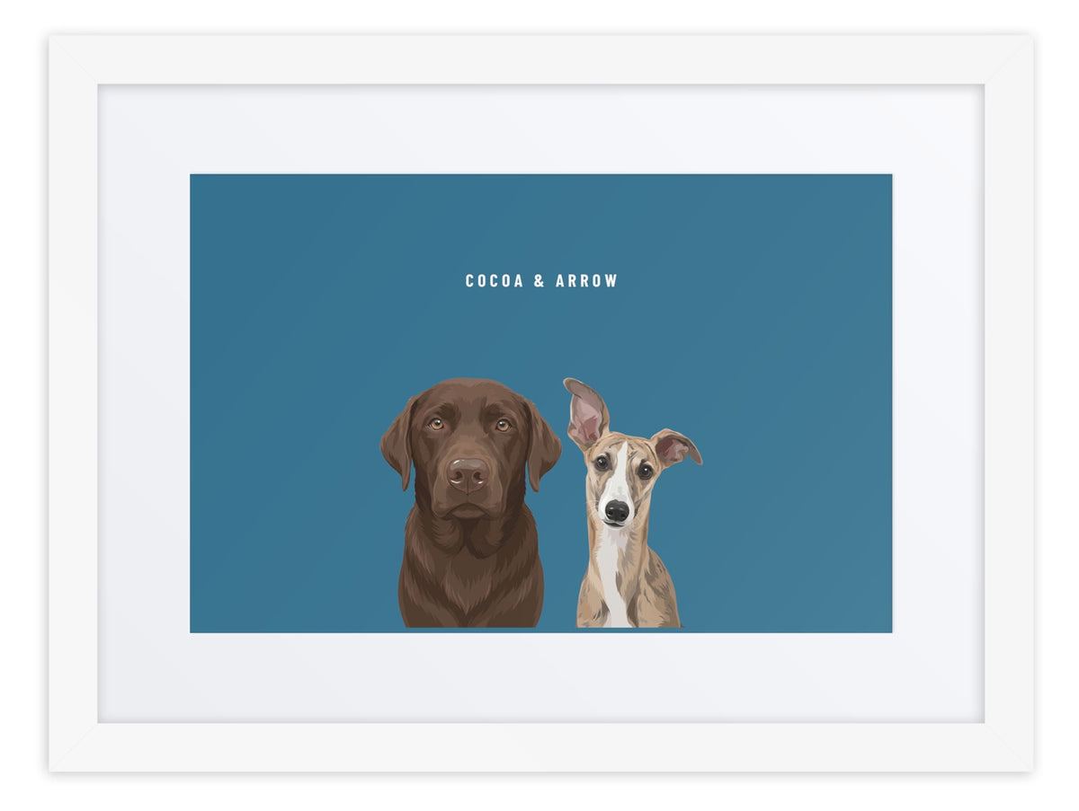 Custom Two Pet Portrait Framed Print (White + Mat): Cocoa the chocolate Labrador & Arrow the Whippet on a Ocean background. [ks Frame=White + Mat; Background=Ocean]