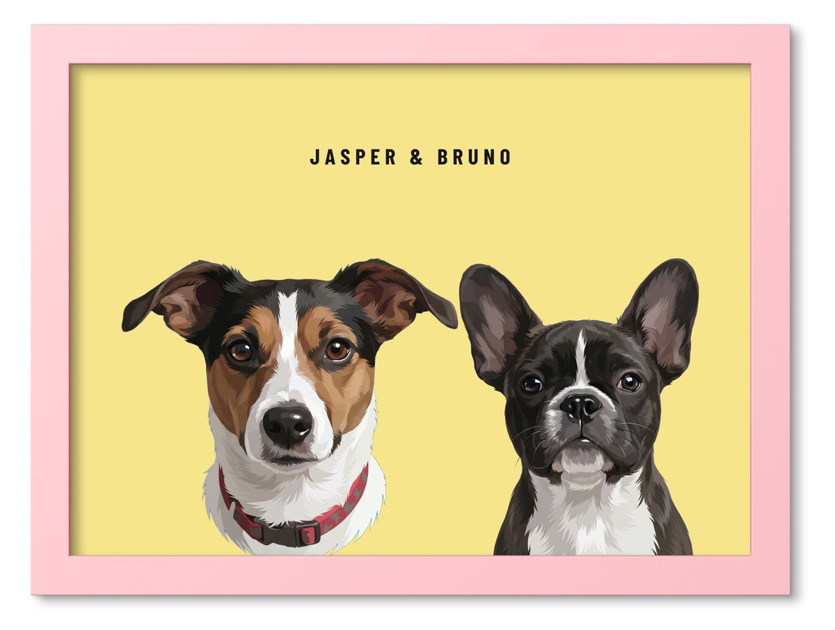 Custom Two Pet Portrait Coloured Frame Print (Pink): Jasper the Jack Russell Terrier & Bruno the French Bulldog on a Lemon background. [ks Frame Colour=Pink; Background=Lemon]