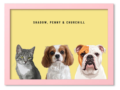 Custom Three Pet Portrait Coloured Frame Print (Pink): Shadow the grey tabby cat & Penny the Cavalier King Charles Spaniel & Churchill the English Bulldog on a Lemon background. [ks Frame Colour=Pink; Background=Lemon]