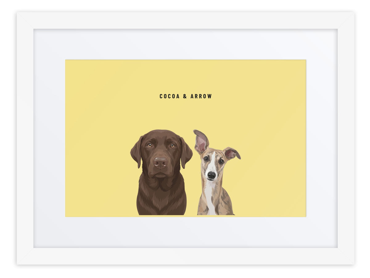 Custom Two Pet Portrait Framed Print (White + Mat): Cocoa the chocolate Labrador & Arrow the Whippet on a Lemon background. [ks Frame=White + Mat; Background=Lemon]