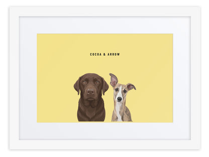 Custom Two Pet Portrait Framed Print (White + Mat): Cocoa the chocolate Labrador & Arrow the Whippet on a Lemon background. [ks Frame=White + Mat; Background=Lemon]