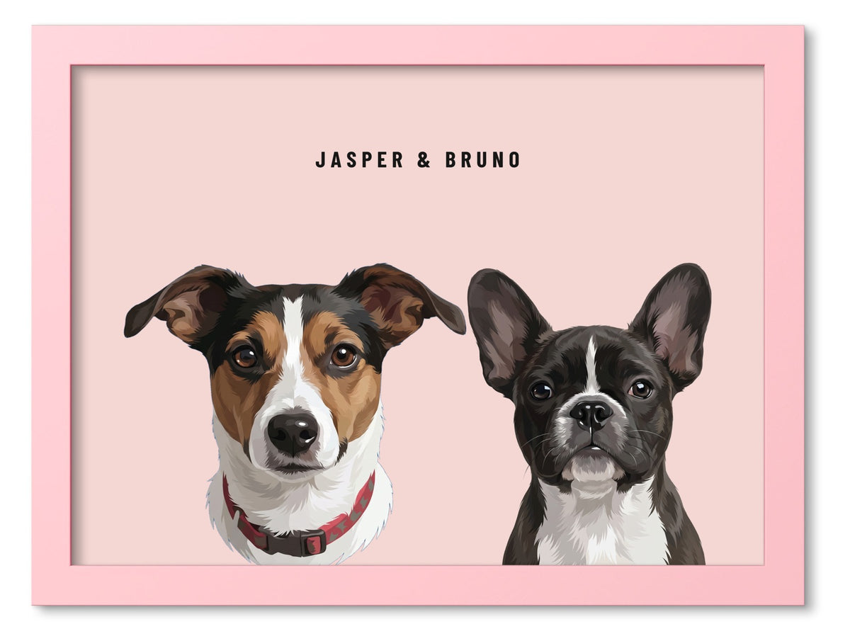 Custom Two Pet Portrait Coloured Frame Print (Pink): Jasper the Jack Russell Terrier & Bruno the French Bulldog on a Blush background. [ks Frame Colour=Pink; Background=Blush]