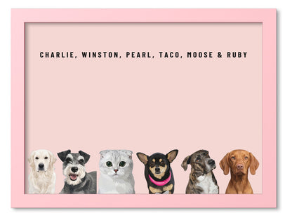 Custom Six Pet Portrait Coloured Frame Print (Pink): Charlie the Golden Retriever & Winston the Miniature Schnauzer & Pearl the Scottish Fold cat & Taco the Chihuahua & Moose the mixed-breed dog & Ruby the Vizsla on a Blush background. [ks Frame Colour=Pink; Background=Blush]