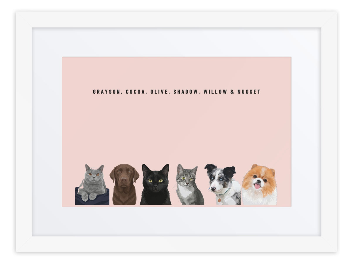 Custom Six Pet Portrait Framed Print (White + Mat): Grayson the British Shorthair cat & Cocoa the chocolate Labrador & Olive the black cat & Shadow the grey tabby cat & Willow the Border Collie & Nugget the Pomeranian on a Blush background. [ks Frame=White + Mat; Background=Blush]