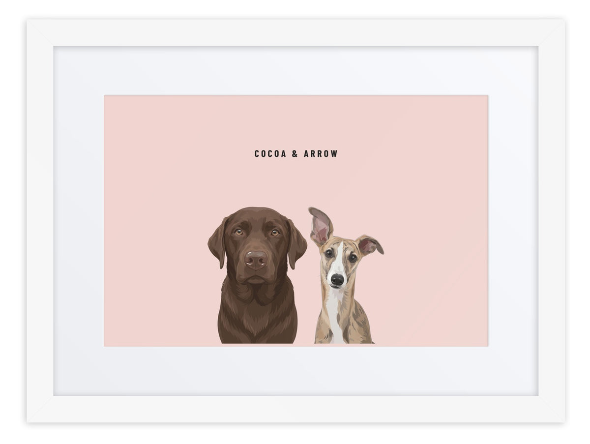 Custom Two Pet Portrait Framed Print (White + Mat): Cocoa the chocolate Labrador & Arrow the Whippet on a Blush background. [ks Frame=White + Mat; Background=Blush]