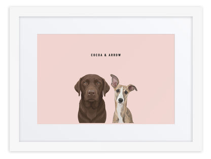 Custom Two Pet Portrait Framed Print (White + Mat): Cocoa the chocolate Labrador & Arrow the Whippet on a Blush background. [ks Frame=White + Mat; Background=Blush]