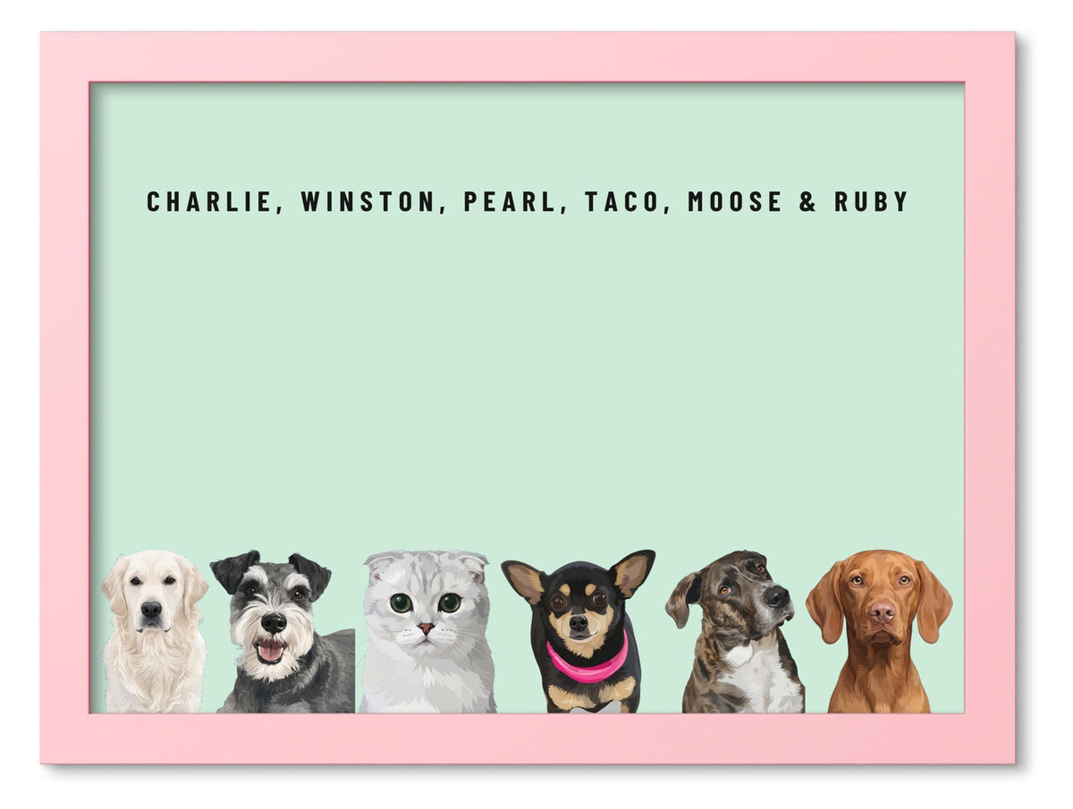 Custom Six Pet Portrait Coloured Frame Print (Pink): Charlie the Golden Retriever & Winston the Miniature Schnauzer & Pearl the Scottish Fold cat & Taco the Chihuahua & Moose the mixed-breed dog & Ruby the Vizsla on a Mint background. [ks Frame Colour=Pink; Background=Mint]