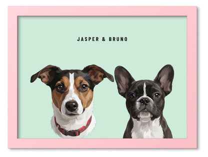 Custom Two Pet Portrait Coloured Frame Print (Pink): Jasper the Jack Russell Terrier & Bruno the French Bulldog on a Mint background. [ks Frame Colour=Pink; Background=Mint]