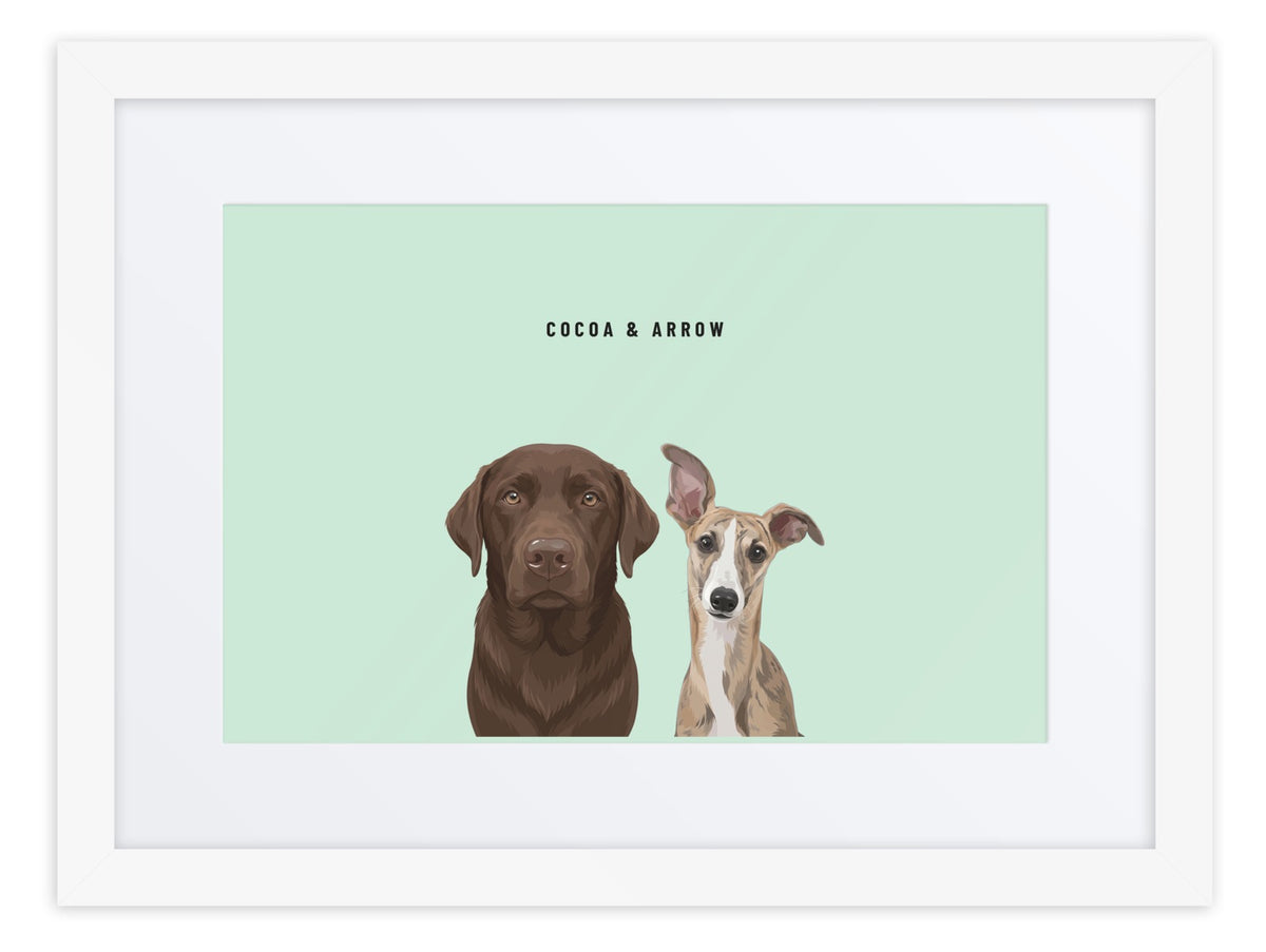 Custom Two Pet Portrait Framed Print (White + Mat): Cocoa the chocolate Labrador & Arrow the Whippet on a Mint background. [ks Frame=White + Mat; Background=Mint]