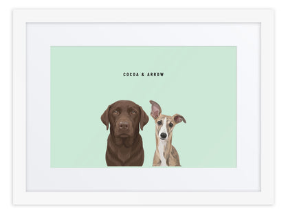 Custom Two Pet Portrait Framed Print (White + Mat): Cocoa the chocolate Labrador & Arrow the Whippet on a Mint background. [ks Frame=White + Mat; Background=Mint]