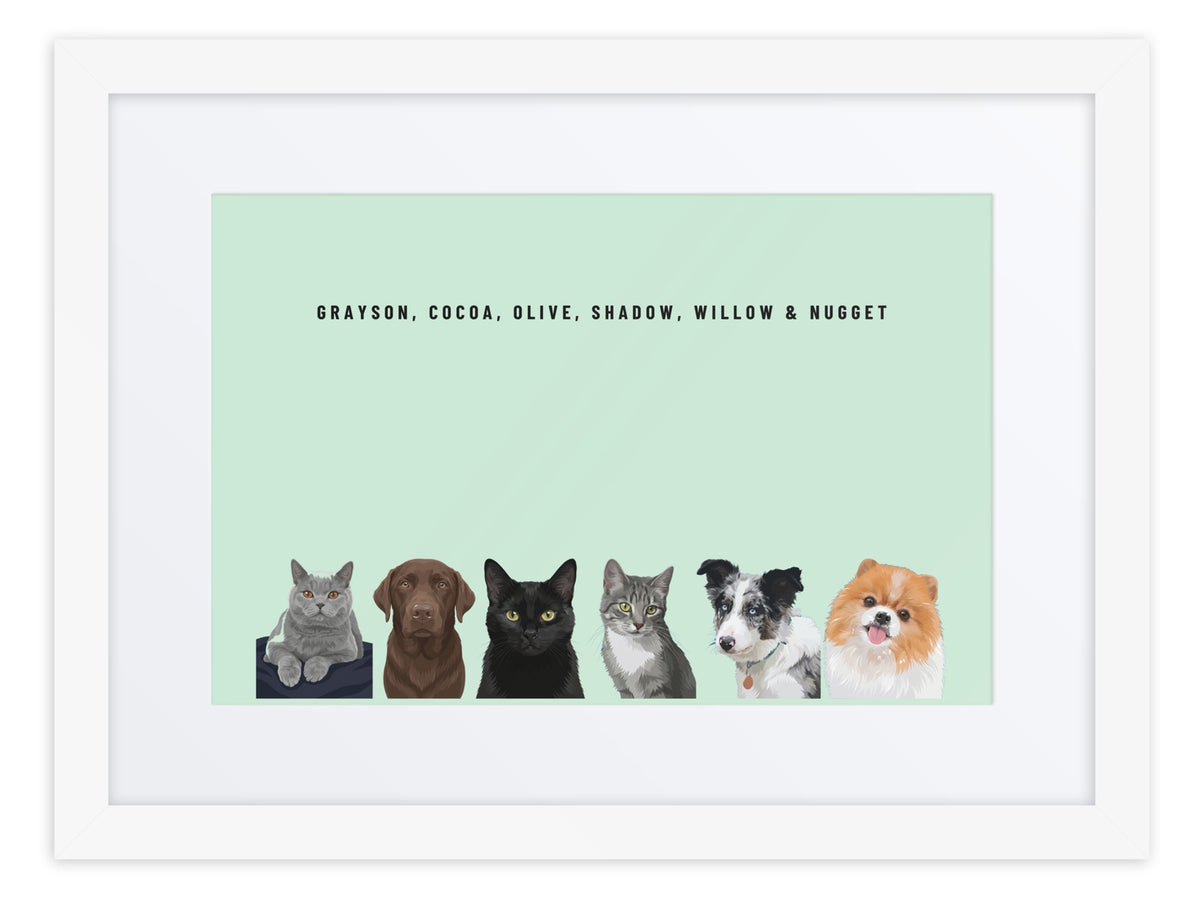 Custom Six Pet Portrait Framed Print (White + Mat): Grayson the British Shorthair cat & Cocoa the chocolate Labrador & Olive the black cat & Shadow the grey tabby cat & Willow the Border Collie & Nugget the Pomeranian on a Mint background. [ks Frame=White + Mat; Background=Mint]