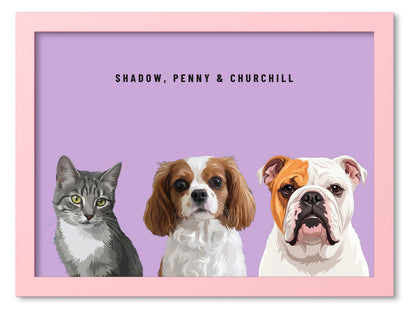 Custom Three Pet Portrait Coloured Frame Print (Pink): Shadow the grey tabby cat & Penny the Cavalier King Charles Spaniel & Churchill the English Bulldog on a Orchid background. [ks Frame Colour=Pink; Background=Orchid]