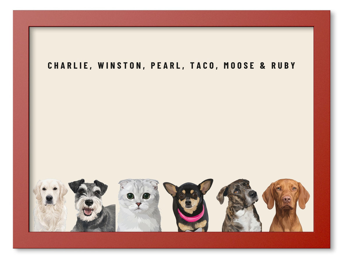 Custom Six Pet Portrait Coloured Frame Print (Red): Charlie the Golden Retriever & Winston the Miniature Schnauzer & Pearl the Scottish Fold cat & Taco the Chihuahua & Moose the mixed-breed dog & Ruby the Vizsla on a Cream background. [ks Frame Colour=Red; Background=Cream]