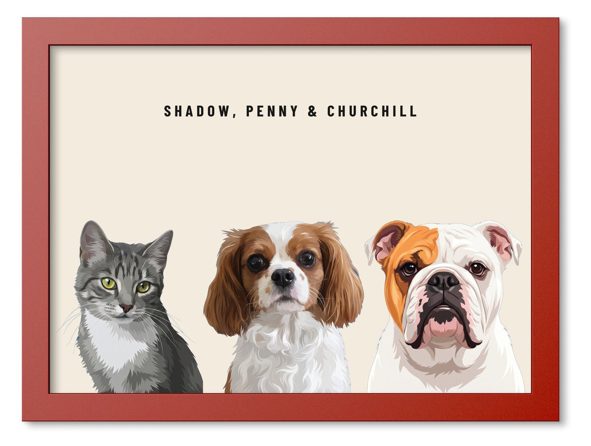 Custom Three Pet Portrait Coloured Frame Print (Red): Shadow the grey tabby cat & Penny the Cavalier King Charles Spaniel & Churchill the English Bulldog on a Cream background. [ks Frame Colour=Red; Background=Cream]