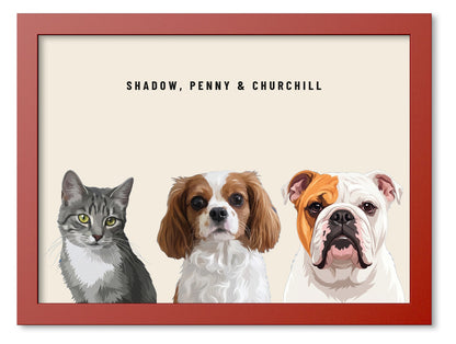 Custom Three Pet Portrait Coloured Frame Print (Red): Shadow the grey tabby cat & Penny the Cavalier King Charles Spaniel & Churchill the English Bulldog on a Cream background. [ks Frame Colour=Red; Background=Cream]
