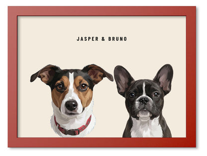 Custom Two Pet Portrait Coloured Frame Print (Red): Jasper the Jack Russell Terrier & Bruno the French Bulldog on a Cream background. [ks Frame Colour=Red; Background=Cream]