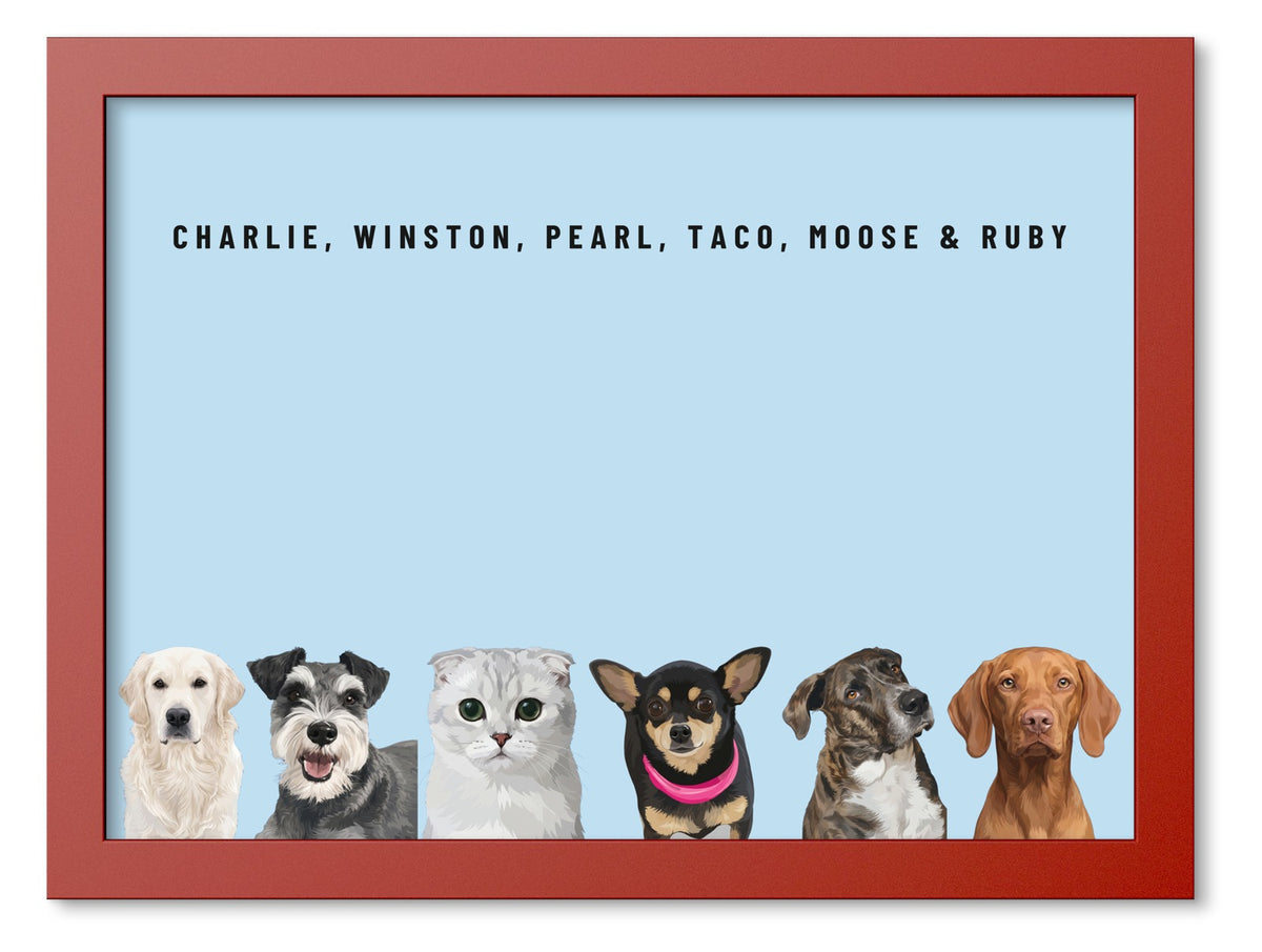 Custom Six Pet Portrait Coloured Frame Print (Red): Charlie the Golden Retriever & Winston the Miniature Schnauzer & Pearl the Scottish Fold cat & Taco the Chihuahua & Moose the mixed-breed dog & Ruby the Vizsla on a Sky background. [ks Frame Colour=Red; Background=Sky]
