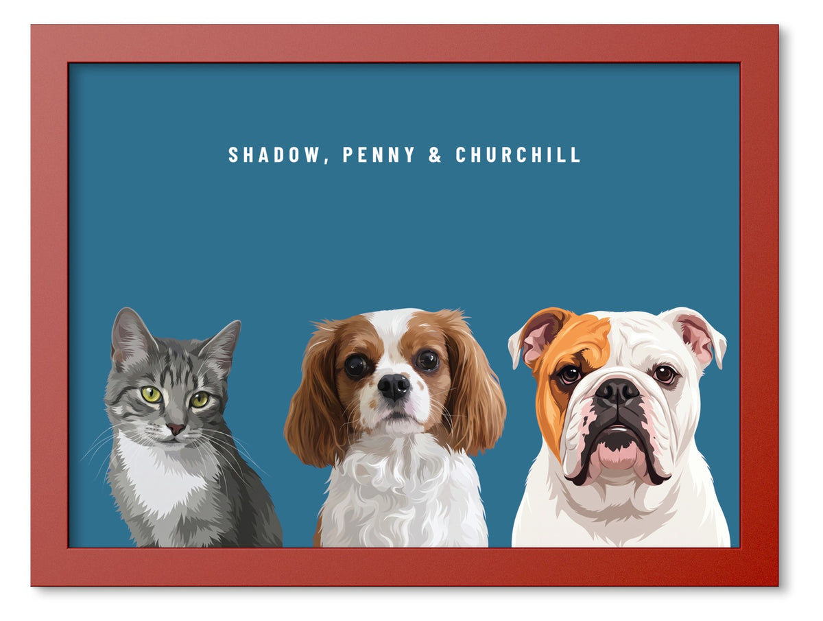 Custom Three Pet Portrait Coloured Frame Print (Red): Shadow the grey tabby cat & Penny the Cavalier King Charles Spaniel & Churchill the English Bulldog on a Ocean background. [ks Frame Colour=Red; Background=Ocean]